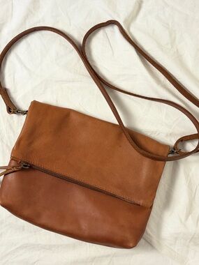 ABLE Cognac Leather Foldover Crossbody Bag Minimalist Boho Adjustable Strap